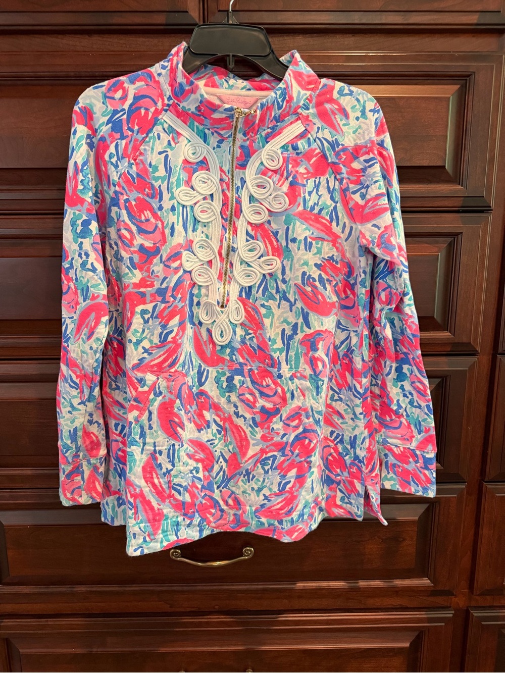 Lilly Pulitzer Pink and Blue Printed Long-Sleeve Pullover with Decorative Trim